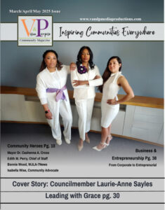 Magazine cover featuring 3 women dressed in white.